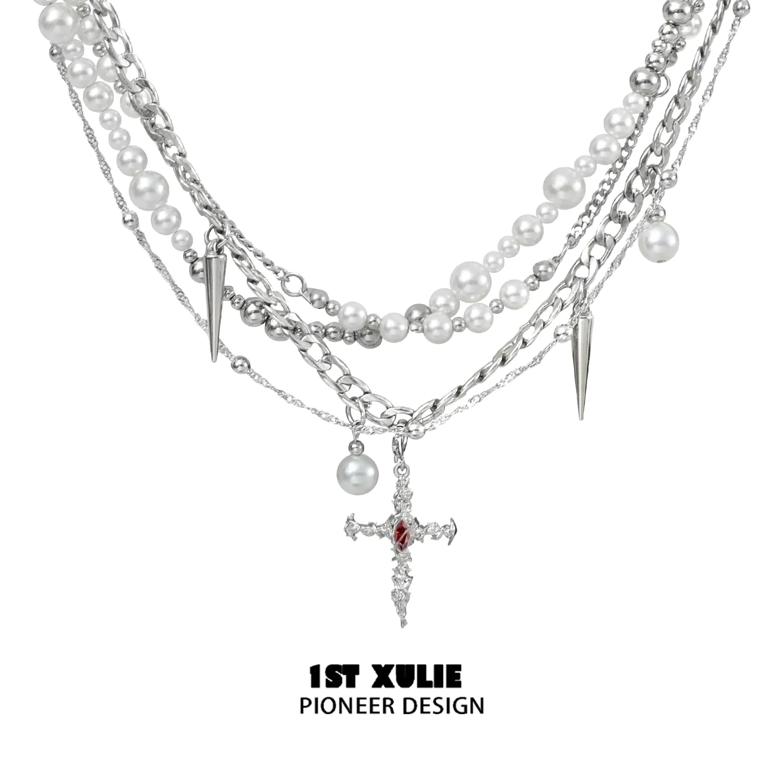 Gothic cross pearl necklace featuring layered strands of pearls and spikes for a unique style