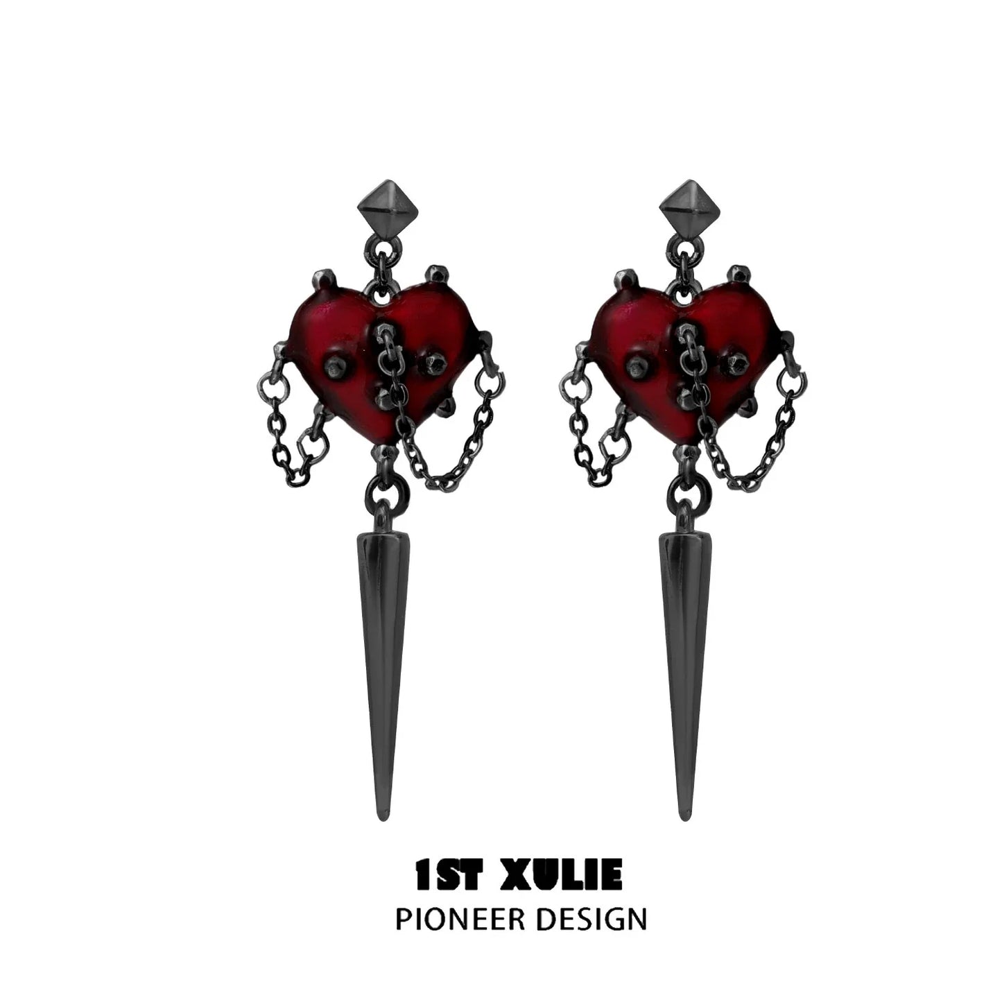 Gothic heart earrings with red hearts and spike accents for edgy fashion lovers