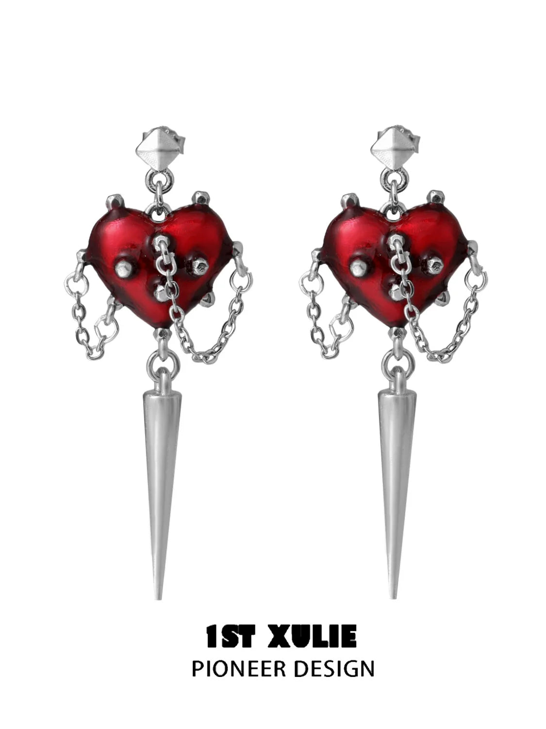 Gothic heart earrings with red heart design and silver spikes for a dramatic fashion statement