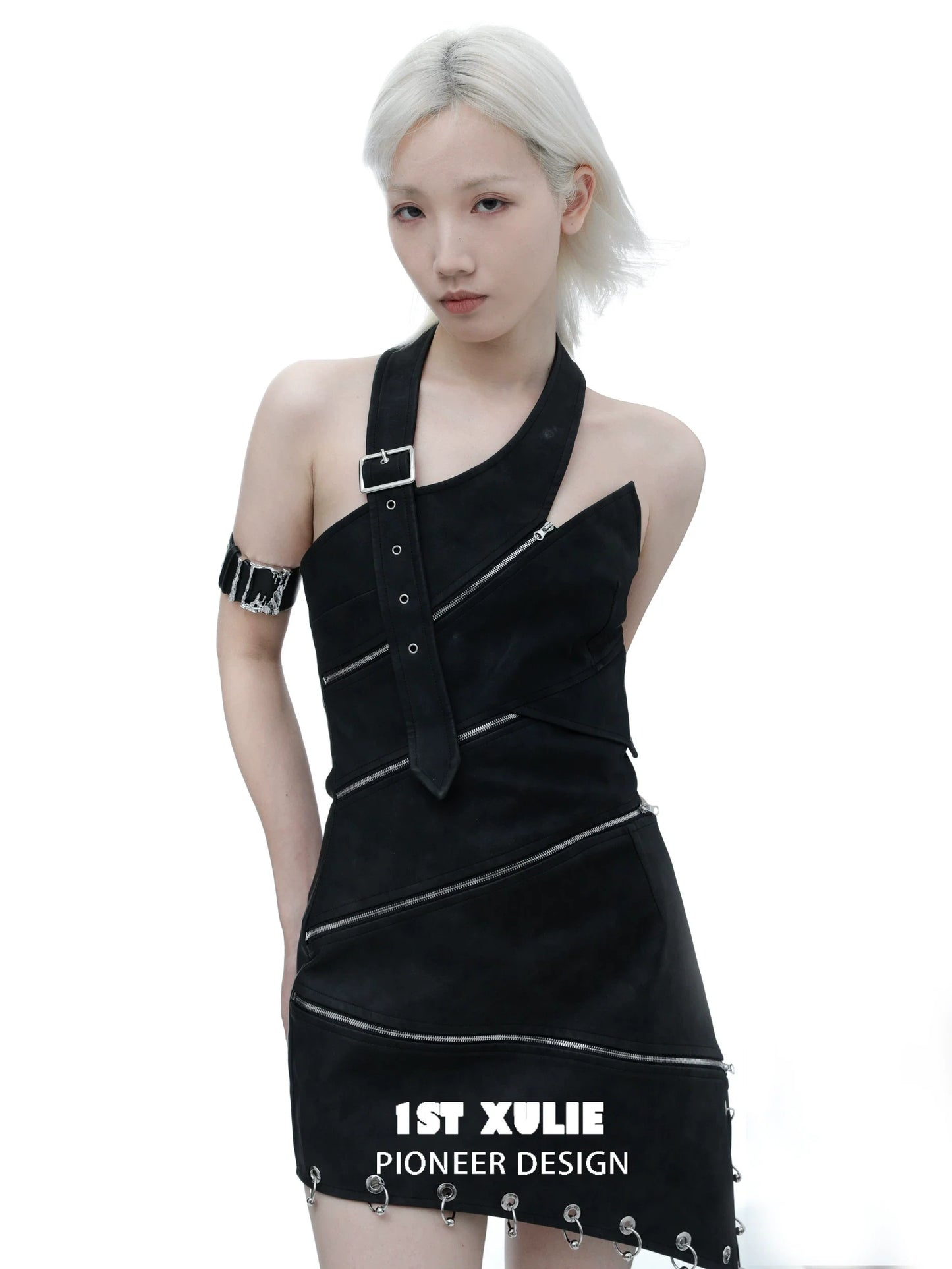 Gothic liquid metal arm bracelet styled with a chic black dress from 1ST XULIE Pioneer Design