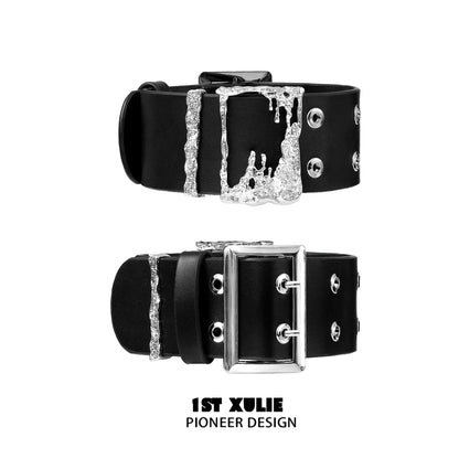 Gothic liquid metal arm bracelet with a bold buckle design and stylish drip accents