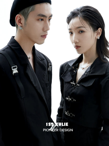 Stylish gothic moon earrings showcased by models in fashionable dark attire
