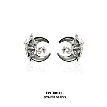 Gothic moon earrings in silver featuring intricate star and crescent designs for a unique accessory