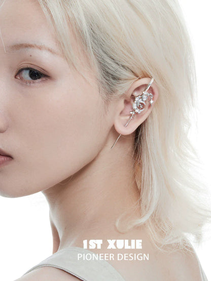Stylish model showcasing 1ST XULIE gothic moon earrings with unique design and shimmering details