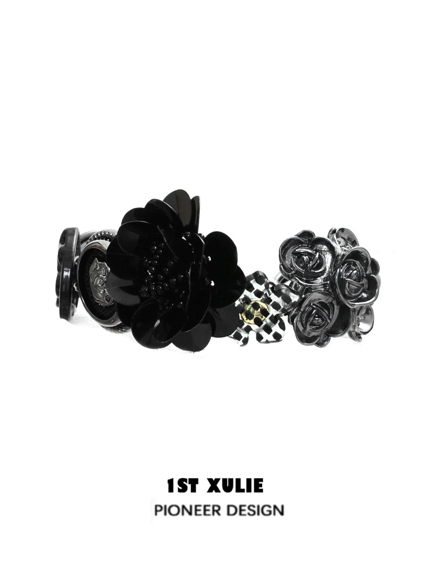 Stylish gothic rose bracelet featuring black floral designs and a unique charm