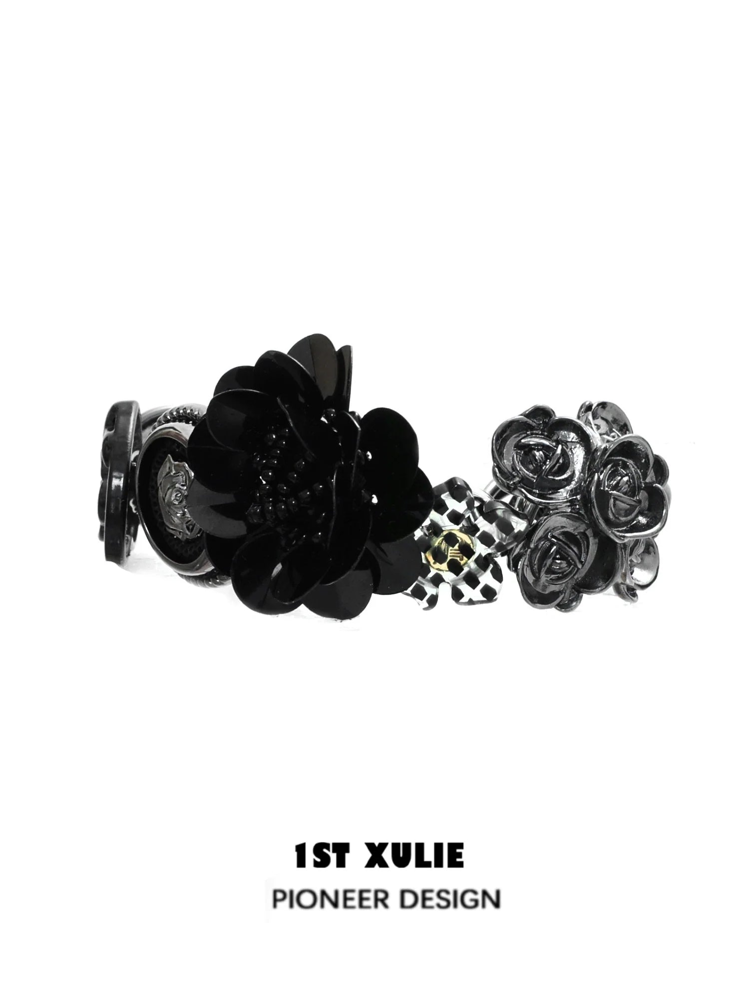 Stylish gothic rose bracelet featuring black floral designs and a unique charm