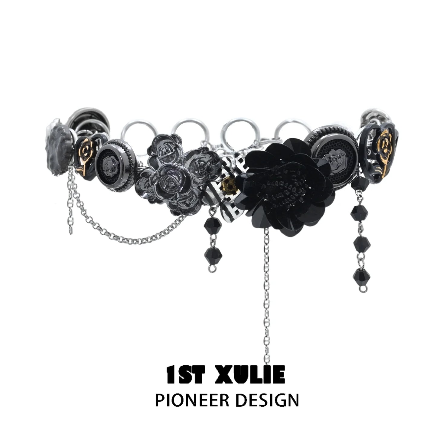 Gothic rose clavicle necklace by 1ST XULIE featuring black floral designs and chains