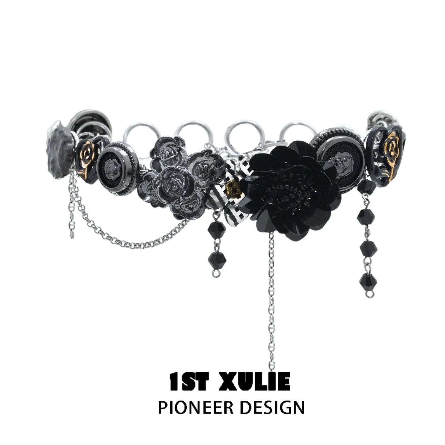 Gothic rose clavicle necklace by 1ST XULIE featuring black floral designs and chains