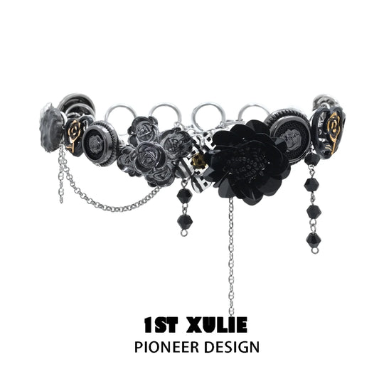 Gothic rose clavicle necklace by 1ST XULIE featuring black floral designs and chains
