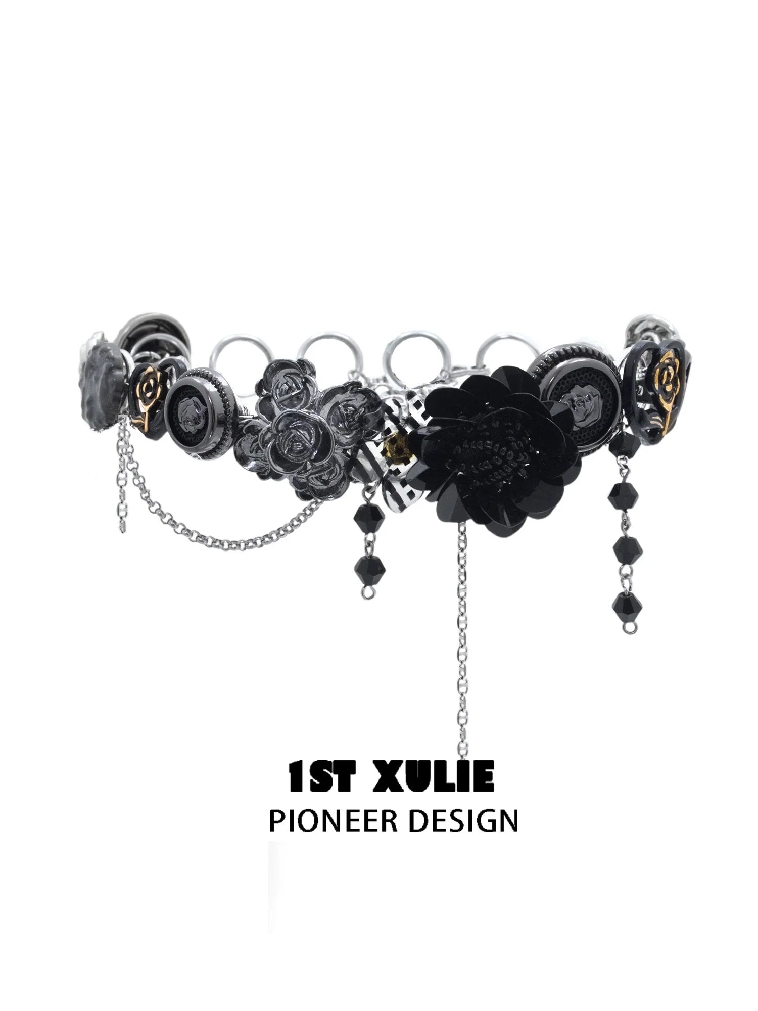 Gothic rose clavicle necklace with black and silver flowers, chains, and elegant details