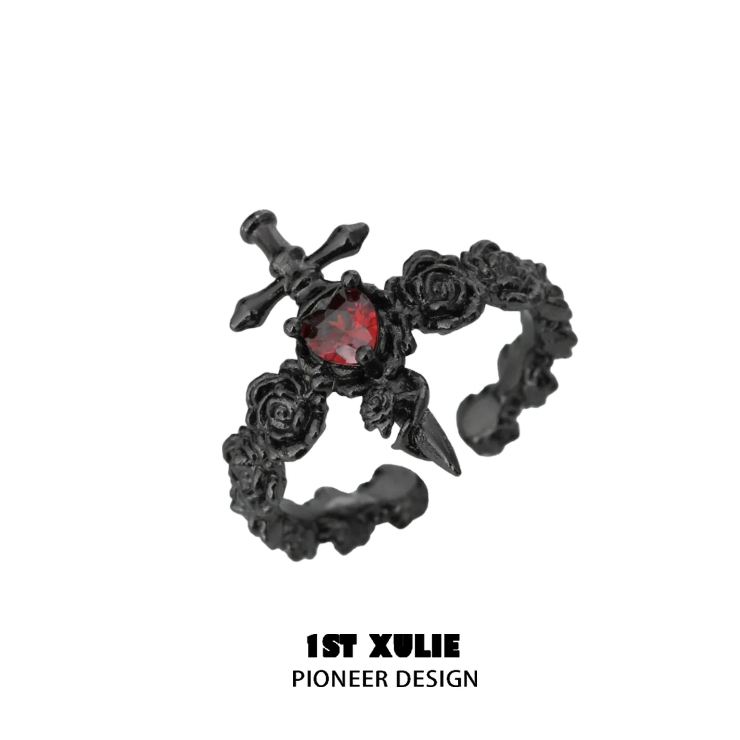 1ST XULIE gothic rose couple rings featuring a black design with a red gemstone and floral details