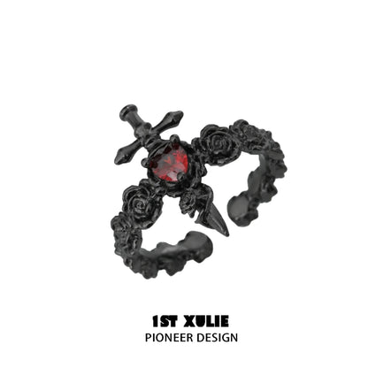 1ST XULIE gothic rose couple rings featuring a black design with a red gemstone and floral details