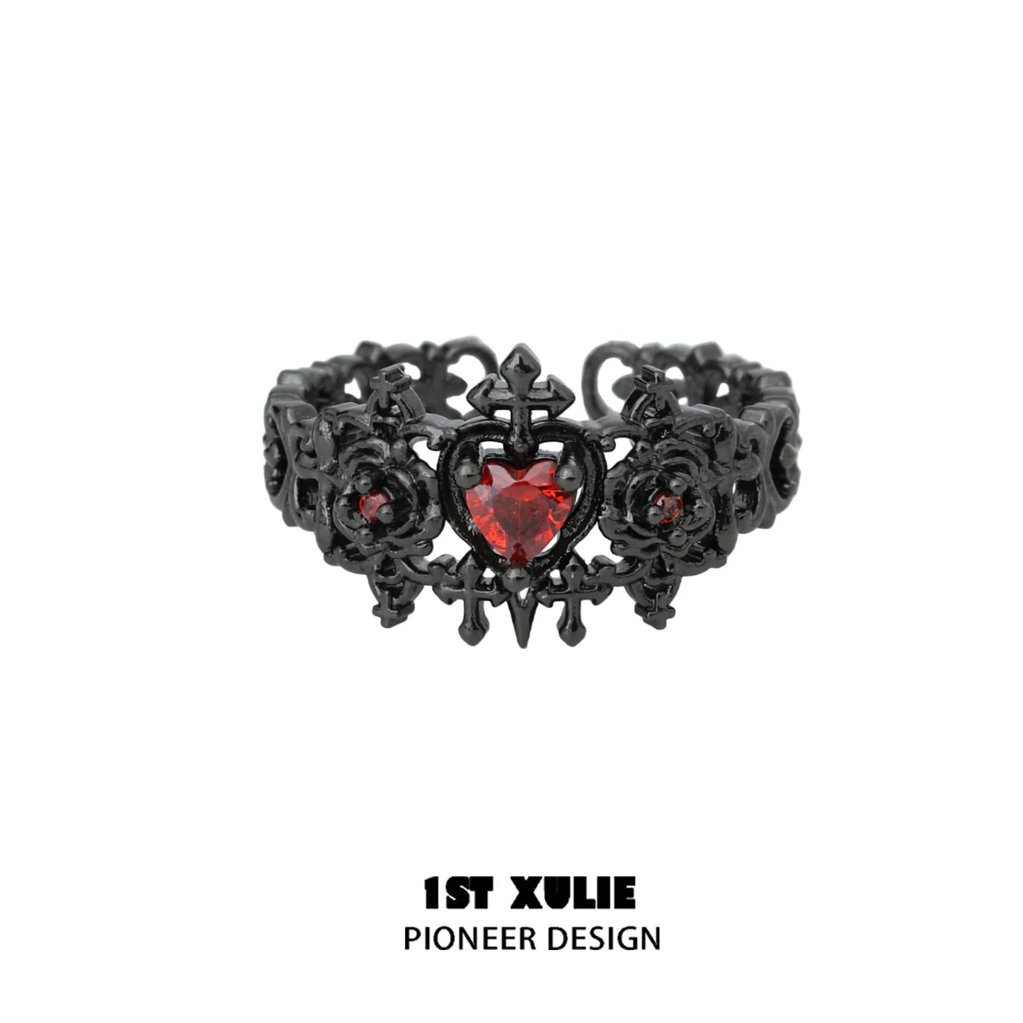 Gothic rose couple rings featuring intricate black design and a red heart-shaped gemstone
