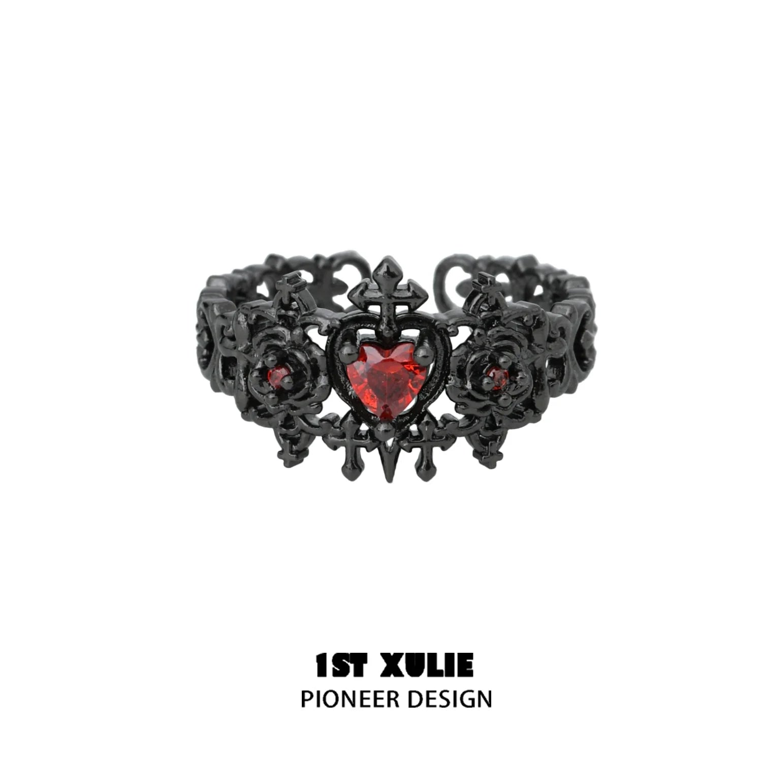 Gothic rose couple rings featuring intricate black design and a red heart-shaped gemstone