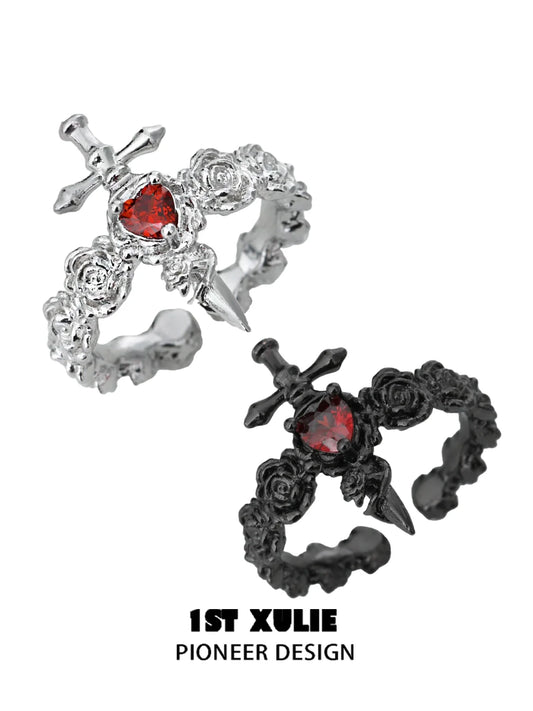Gothic rose couple rings featuring intricate designs with a red gemstone and cross accents