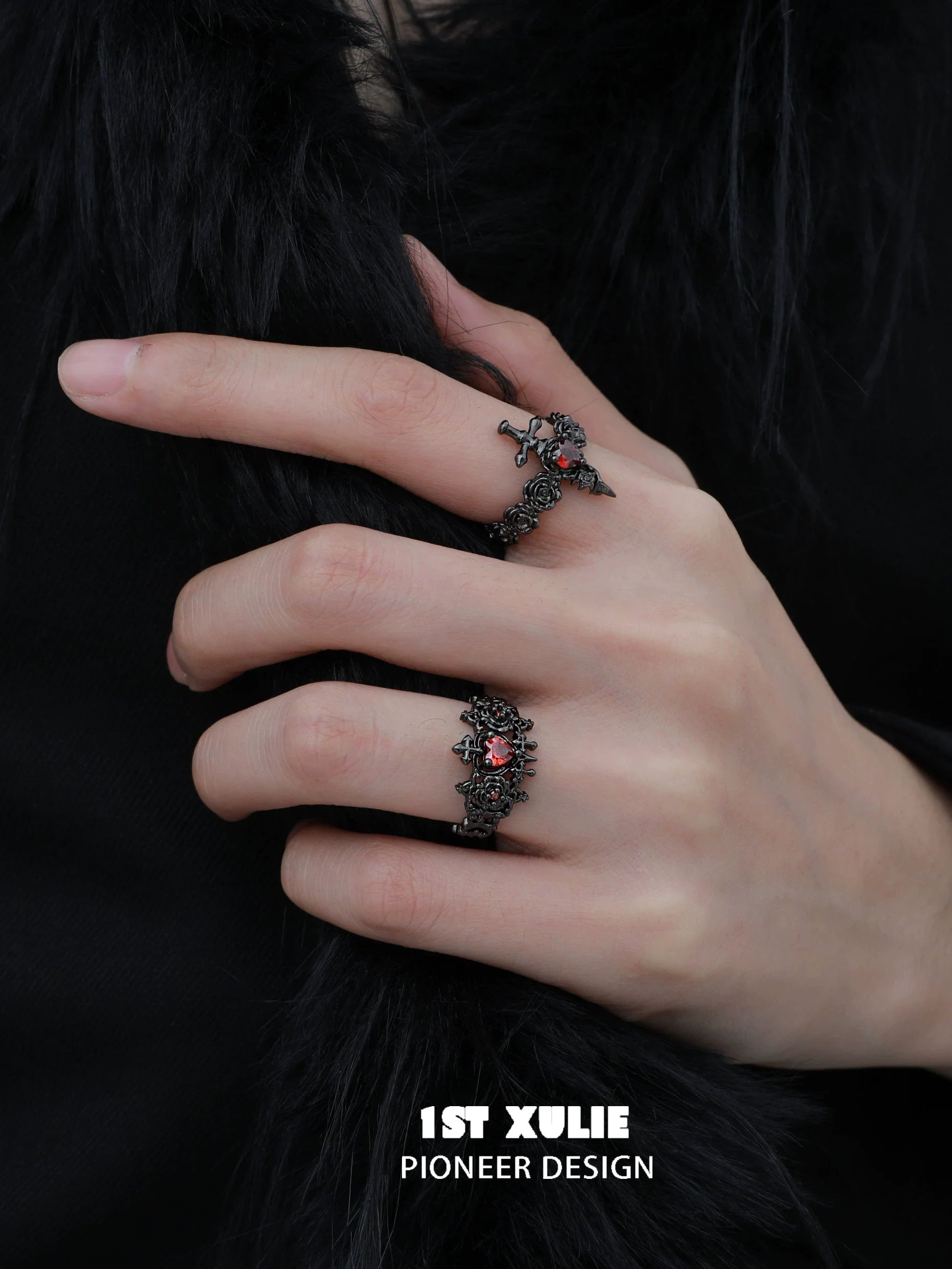 Gothic rose couple rings in black with red gemstones designed by 1STXULIE for stylish couples