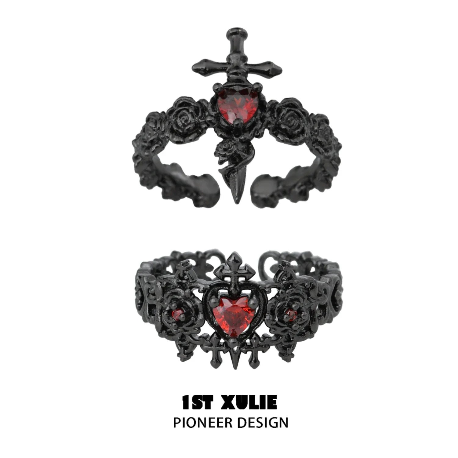 Gothic rose couple rings in black metal featuring red heart gemstones and ornate designs
