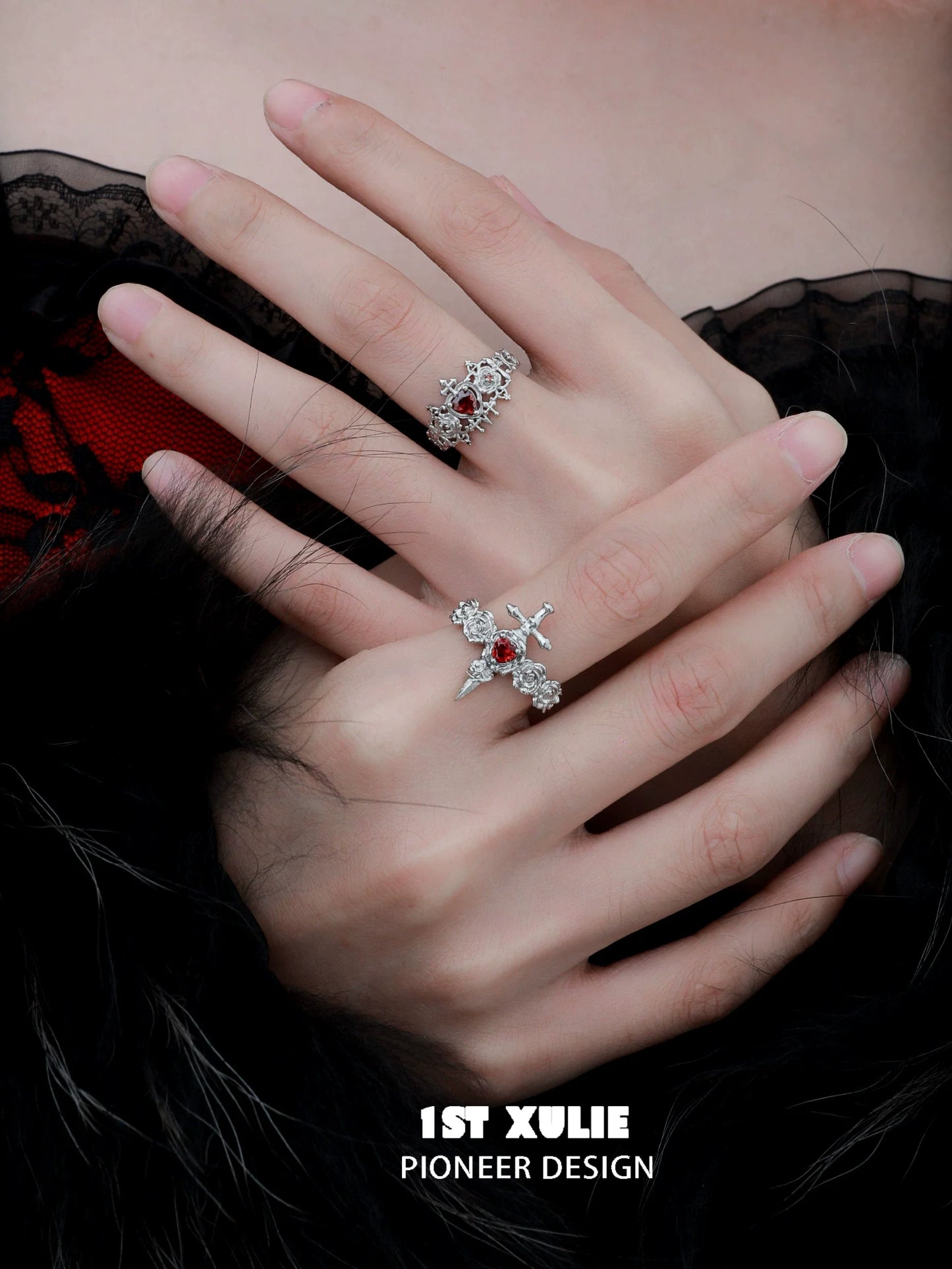 Gothic rose couple rings by 1STXULIE featuring intricate designs and red accents