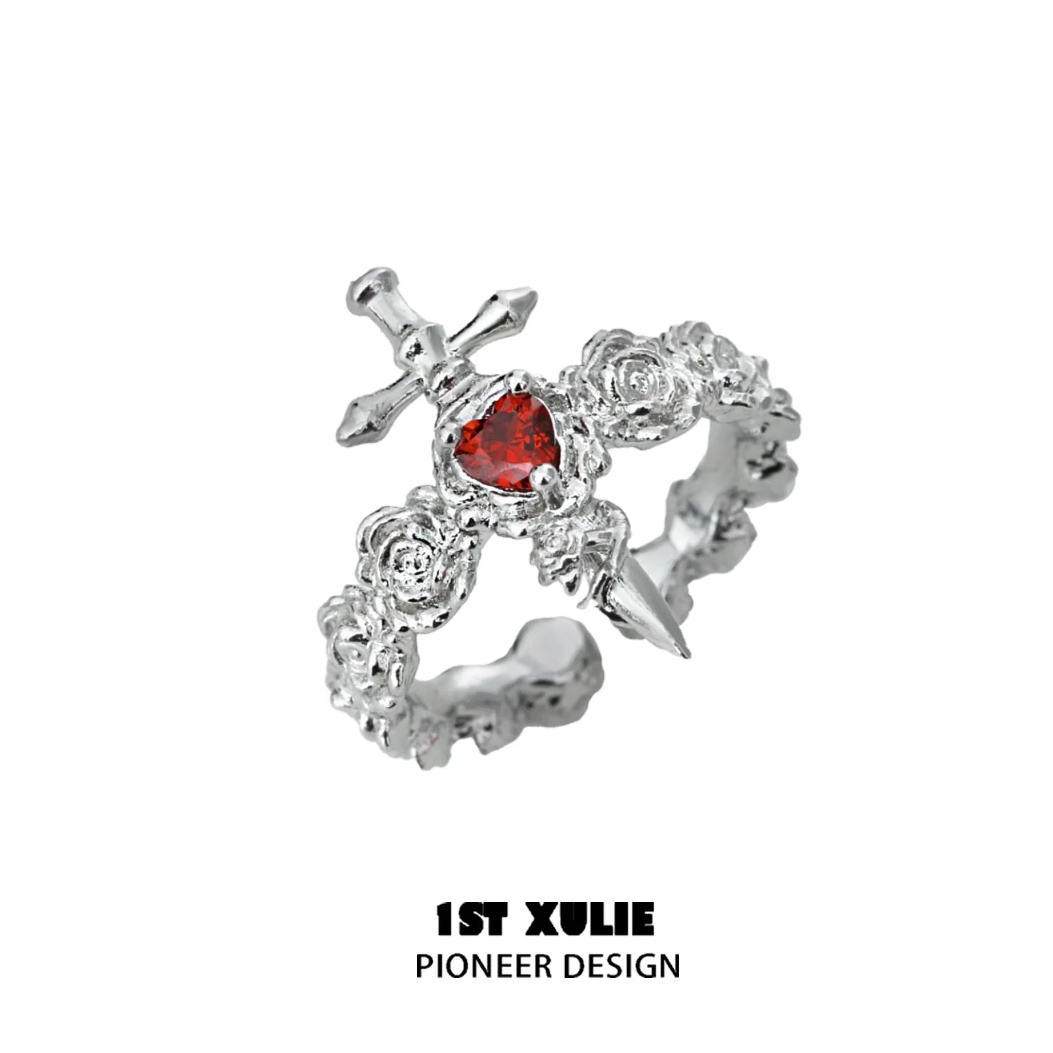 Gothic rose couple rings in silver featuring a heart-shaped red gem and intricate rose designs