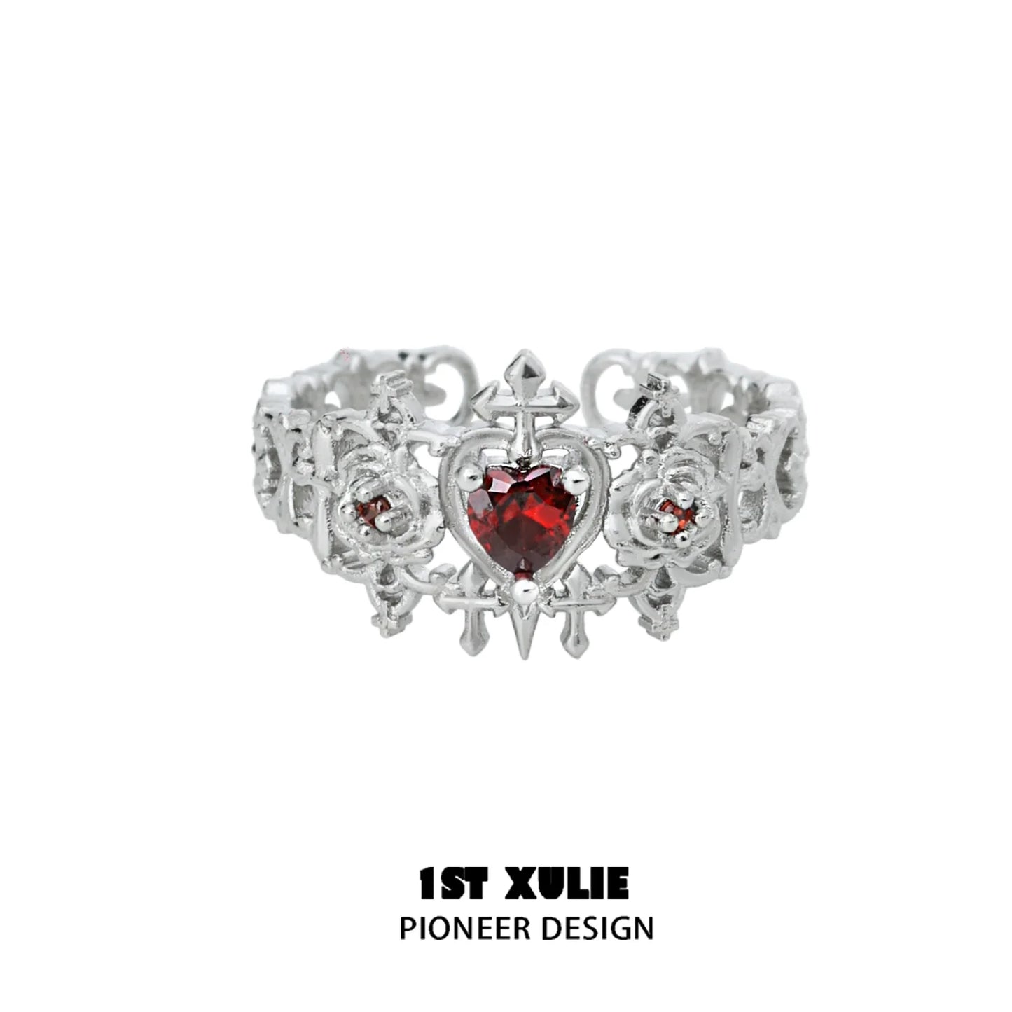 1ST XULIE Gothic Rose Couple Rings with Heart-Shaped Red Gemstone and Intricate Silver Design