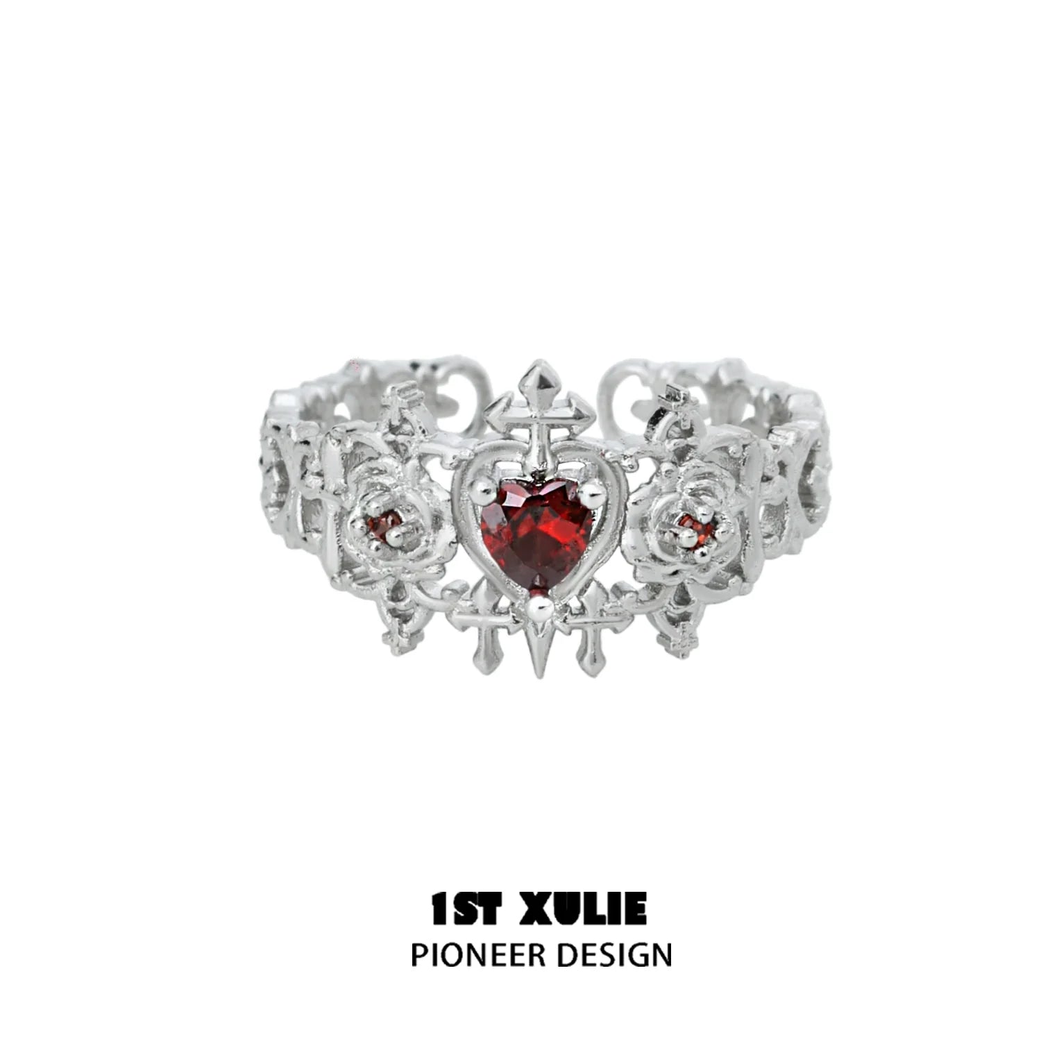 1ST XULIE Gothic Rose Couple Rings with Heart-Shaped Red Gemstone and Intricate Silver Design