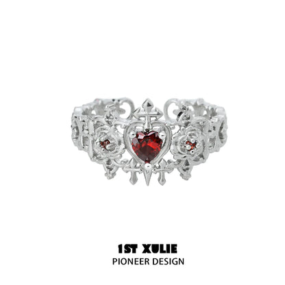 1ST XULIE Gothic Rose Couple Rings with Heart-Shaped Red Gemstone and Intricate Silver Design