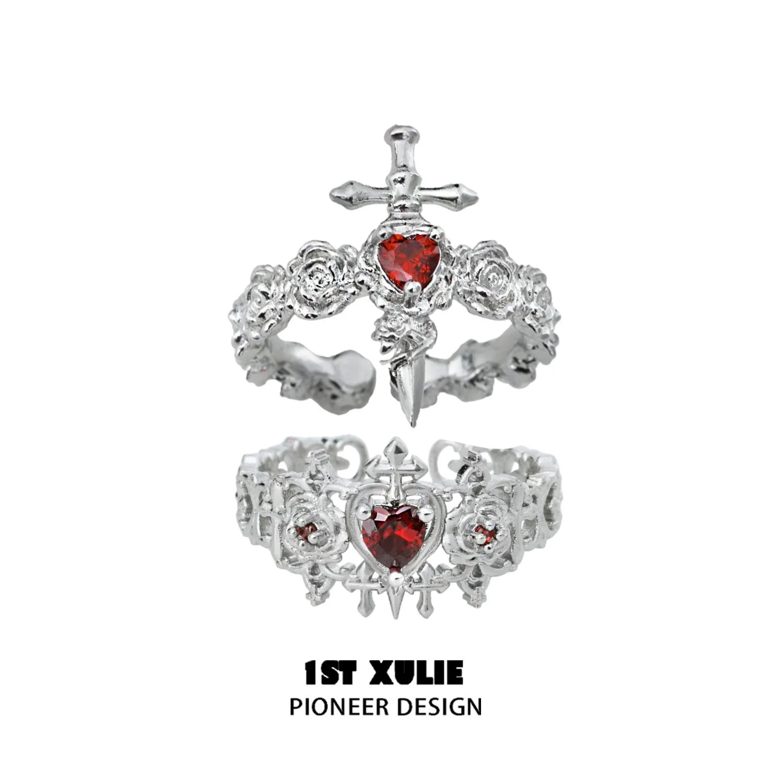 Gothic rose couple rings featuring intricate silver design and red gemstone accents