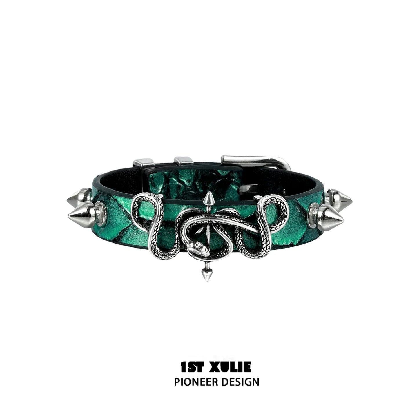 Gothic snake bracelet with emerald green accents and silver spikes for a bold fashion statement