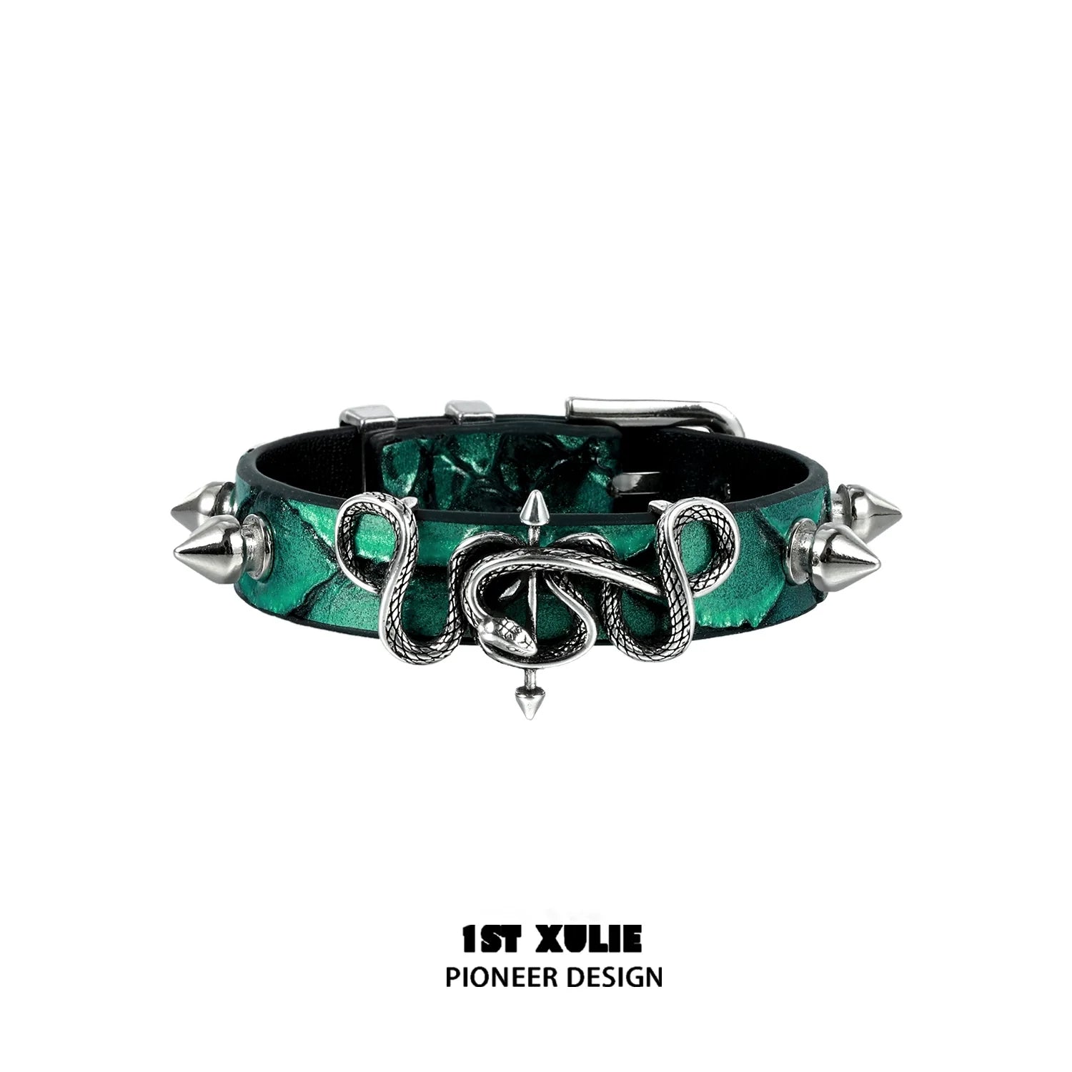 Gothic snake bracelet with emerald green accents and silver spikes for a bold fashion statement