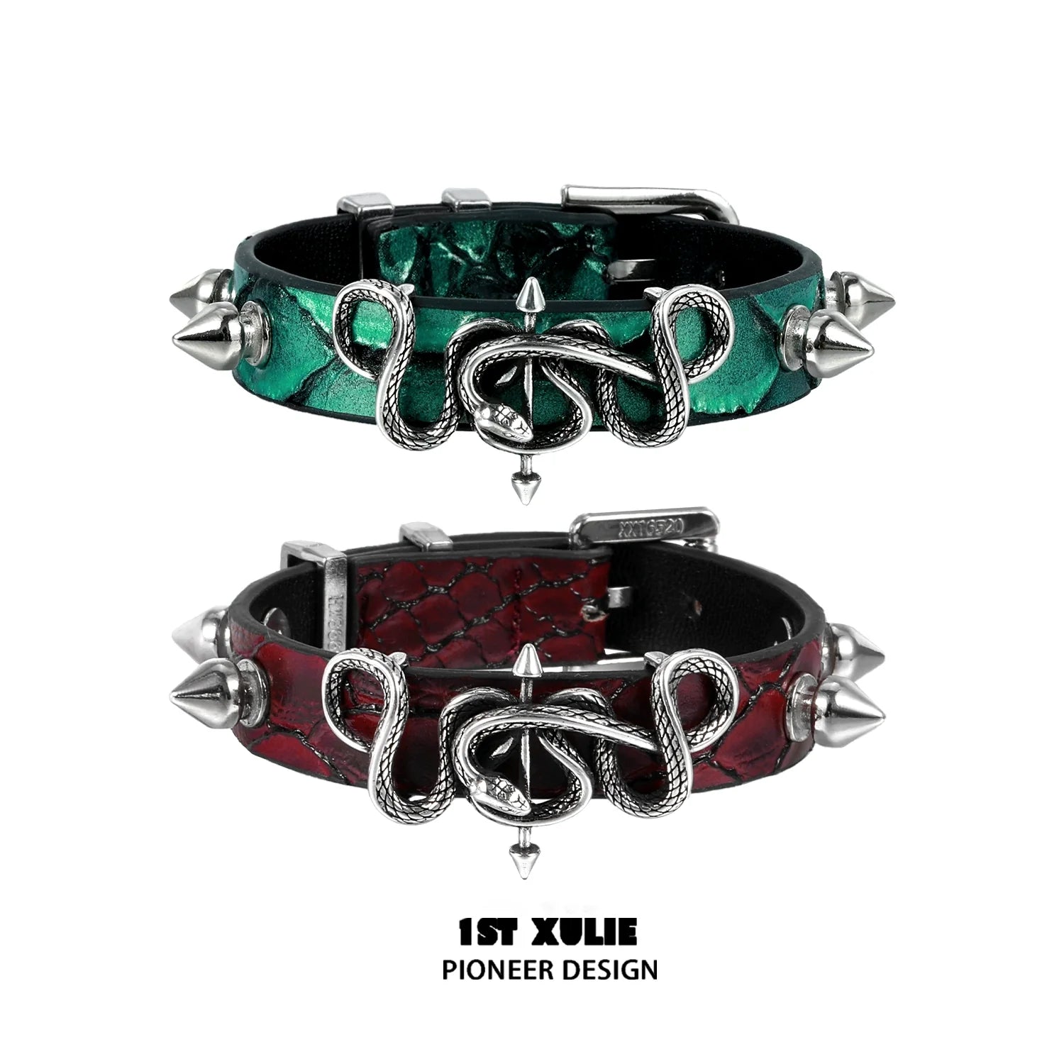 Gothic snake bracelet in green and red with spikes and detailed design by 1STXULIE
