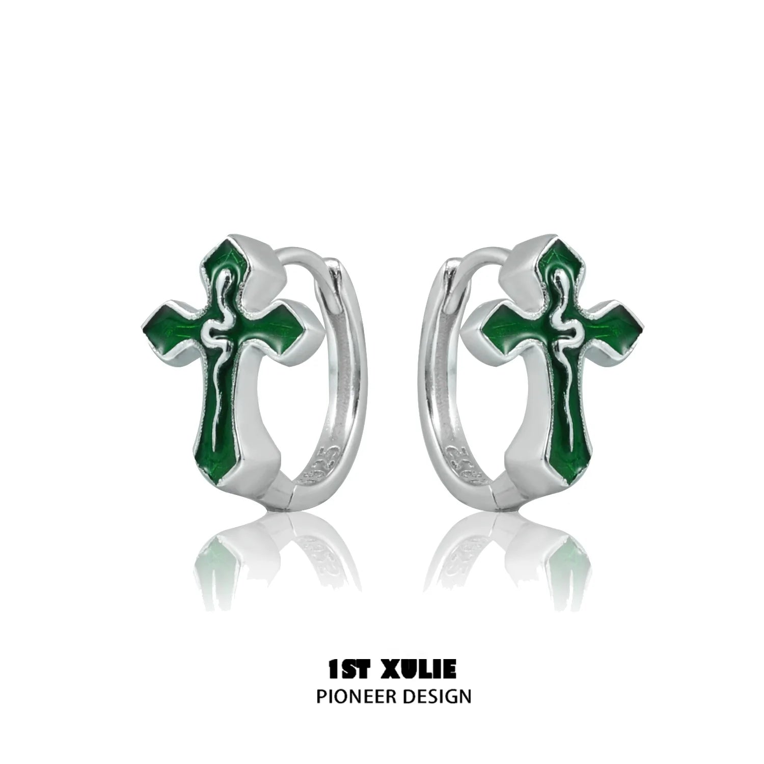 Gothic snake cross earrings with silver finish and green enamel accents for a unique style