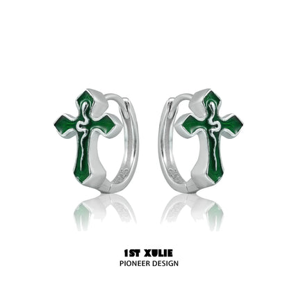 Gothic snake cross earrings with silver finish and green enamel accents for a unique style