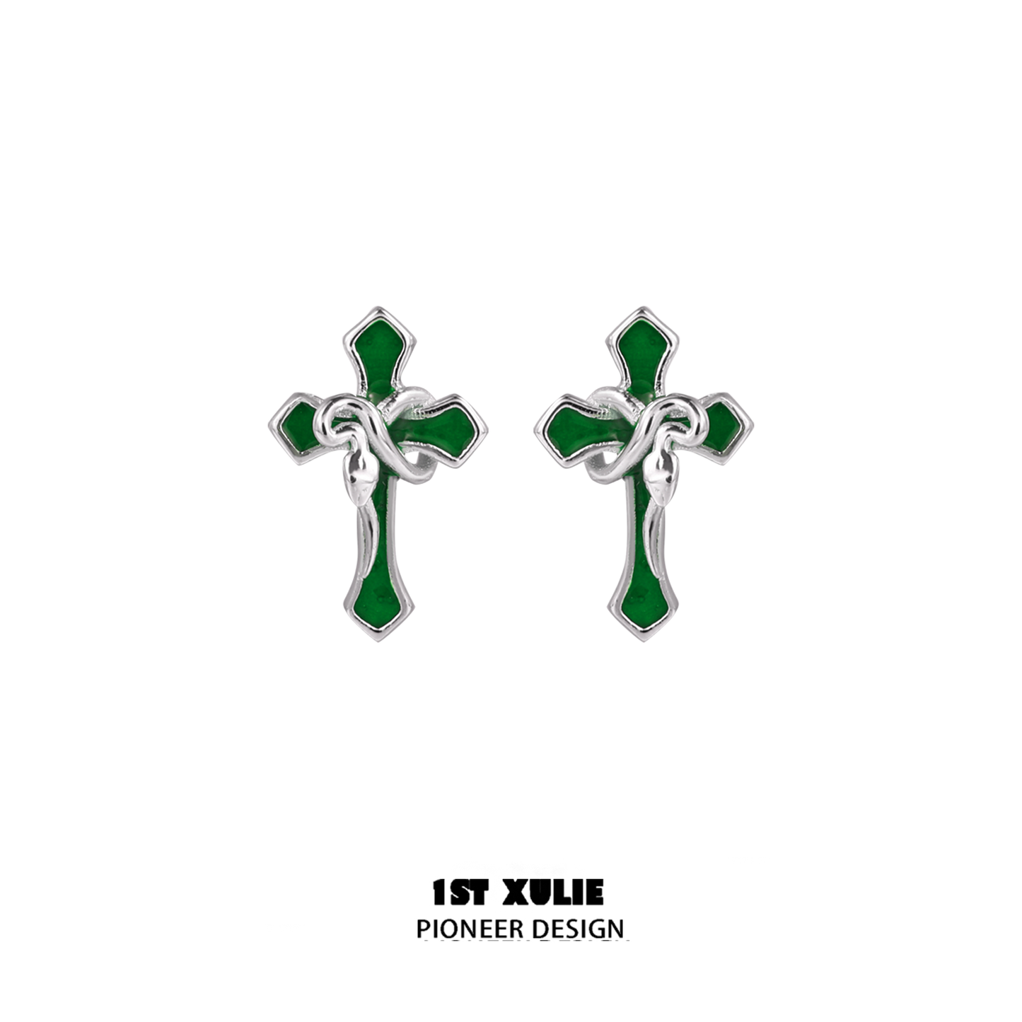 Gothic snake cross earrings in green and silver design, perfect for unique fashion statements