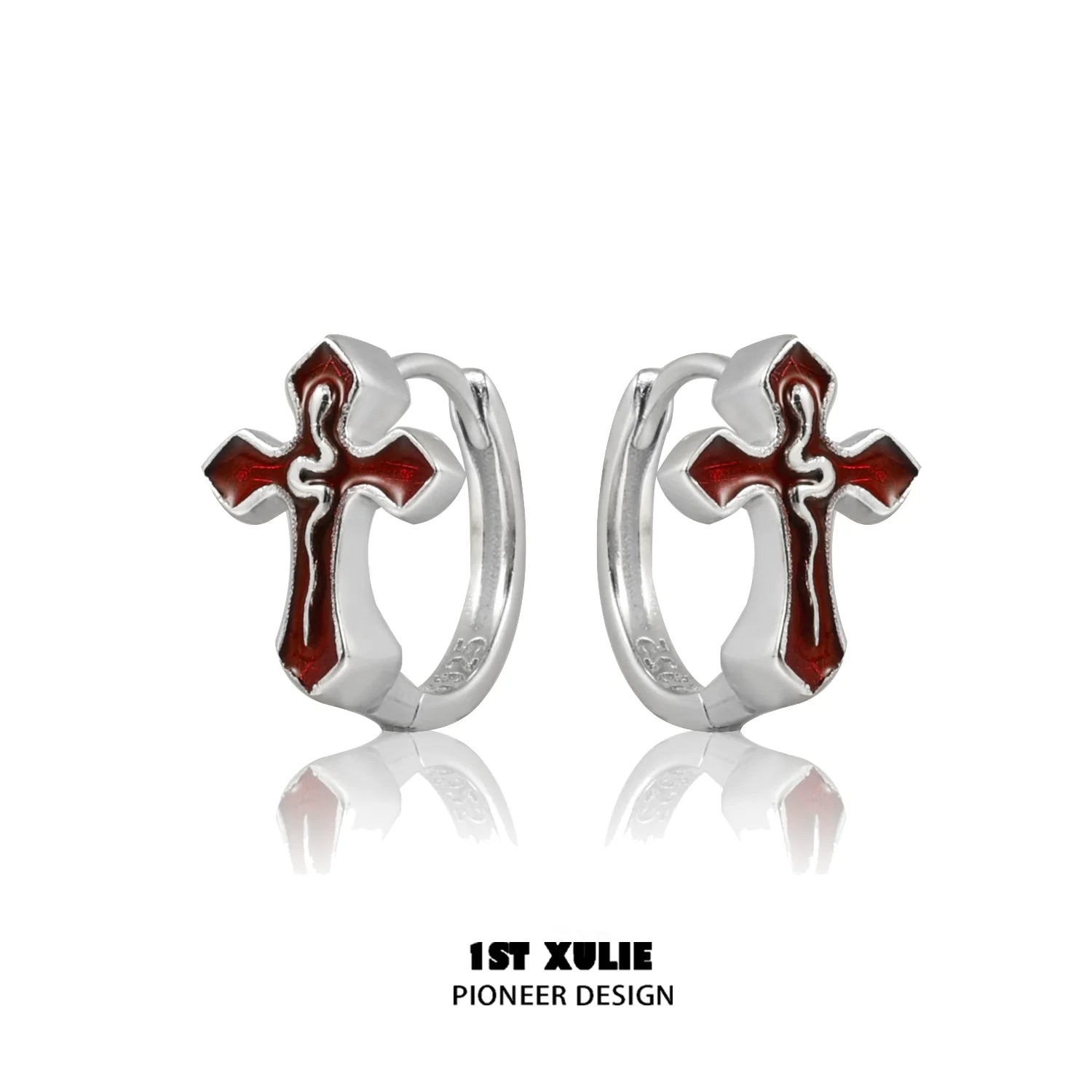 Gothic snake cross earrings in silver with red accents for a stylish and edgy look