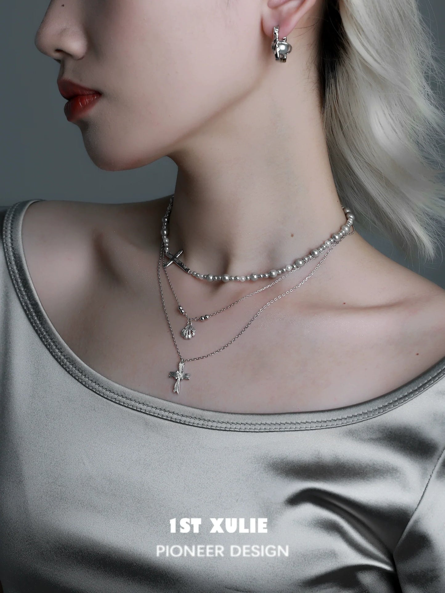 Stylish gray pearl silver double layer necklace worn with trendy outfit for elegant look