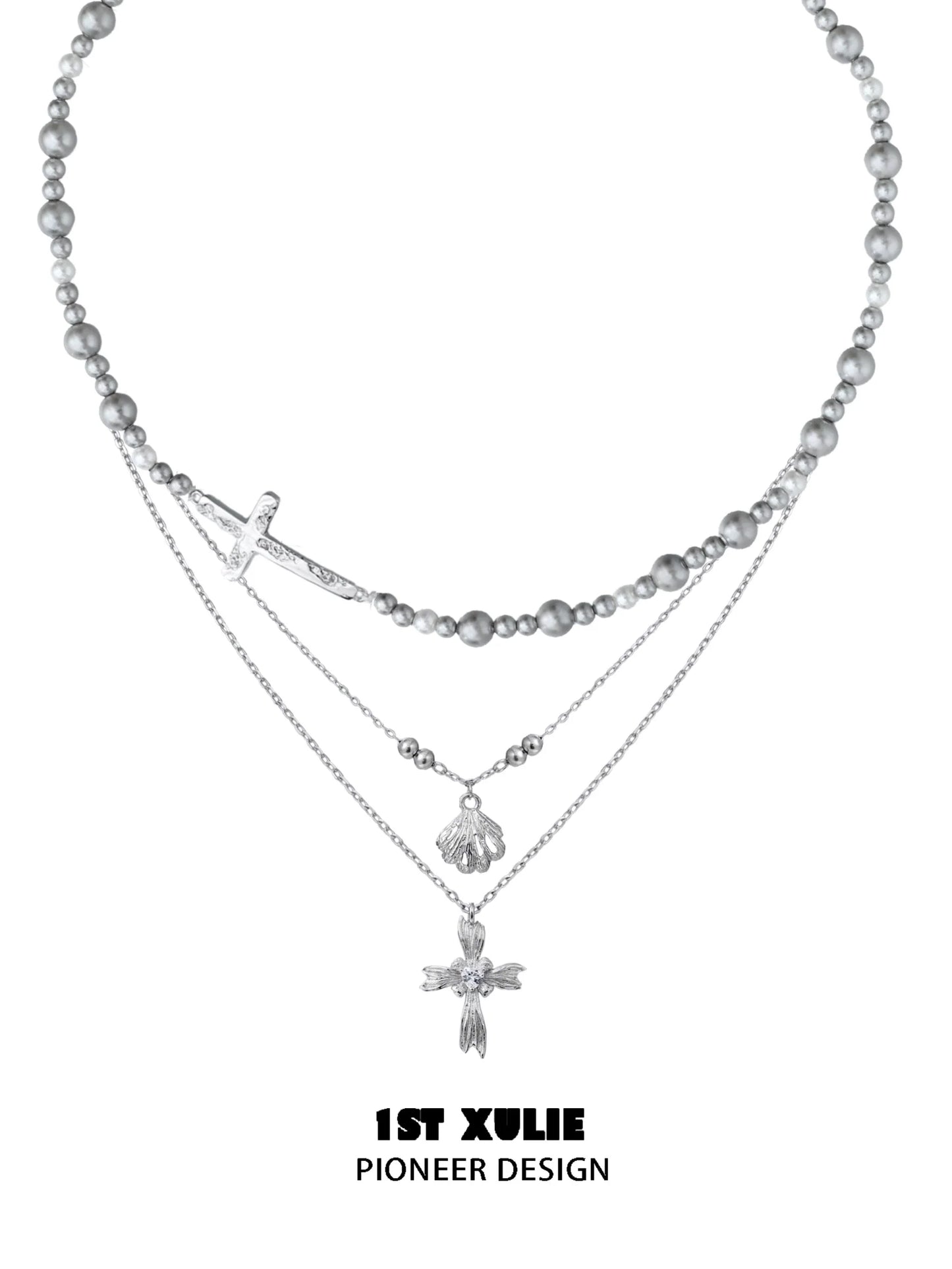 1STXULIE gray pearl silver double layer necklace with elegant charms and intricate design