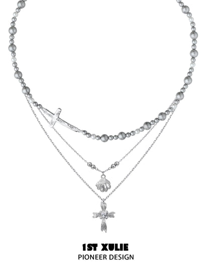1STXULIE gray pearl silver double layer necklace with elegant charms and intricate design