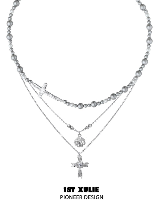 1STXULIE gray pearl silver double layer necklace with elegant charms and intricate design