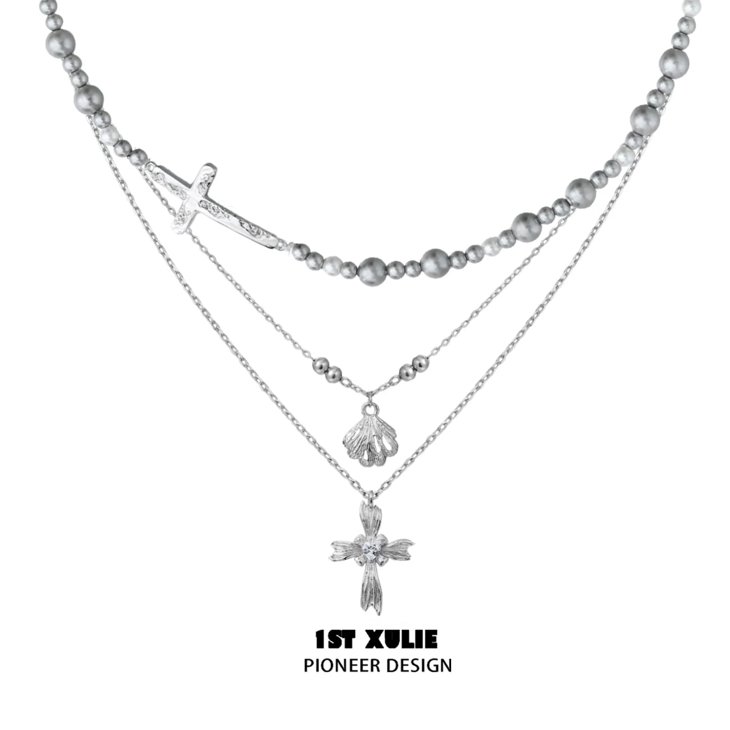 Gray pearl silver double layer necklace featuring a cross and decorative charms from 1ST XULIE