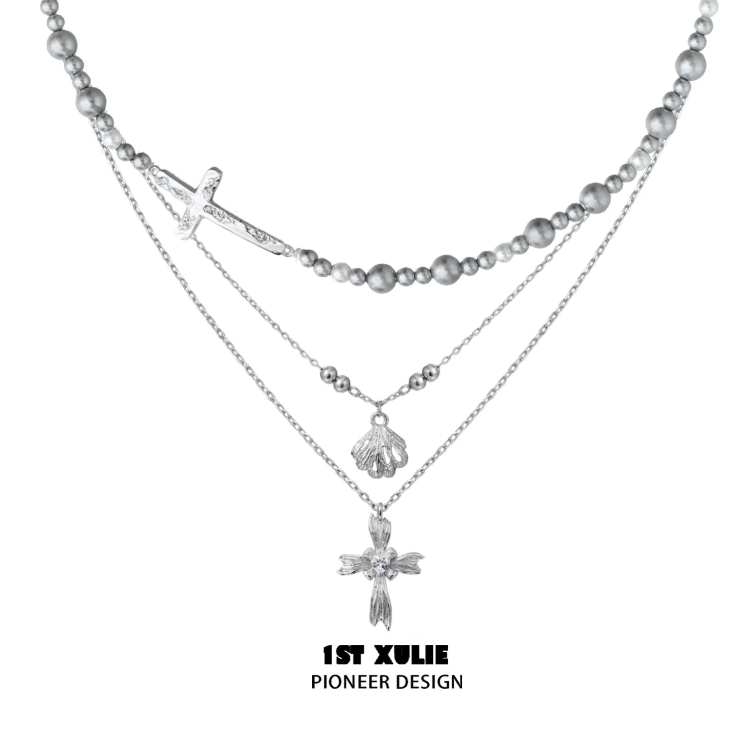 Gray pearl silver double layer necklace featuring a cross and decorative charms from 1ST XULIE