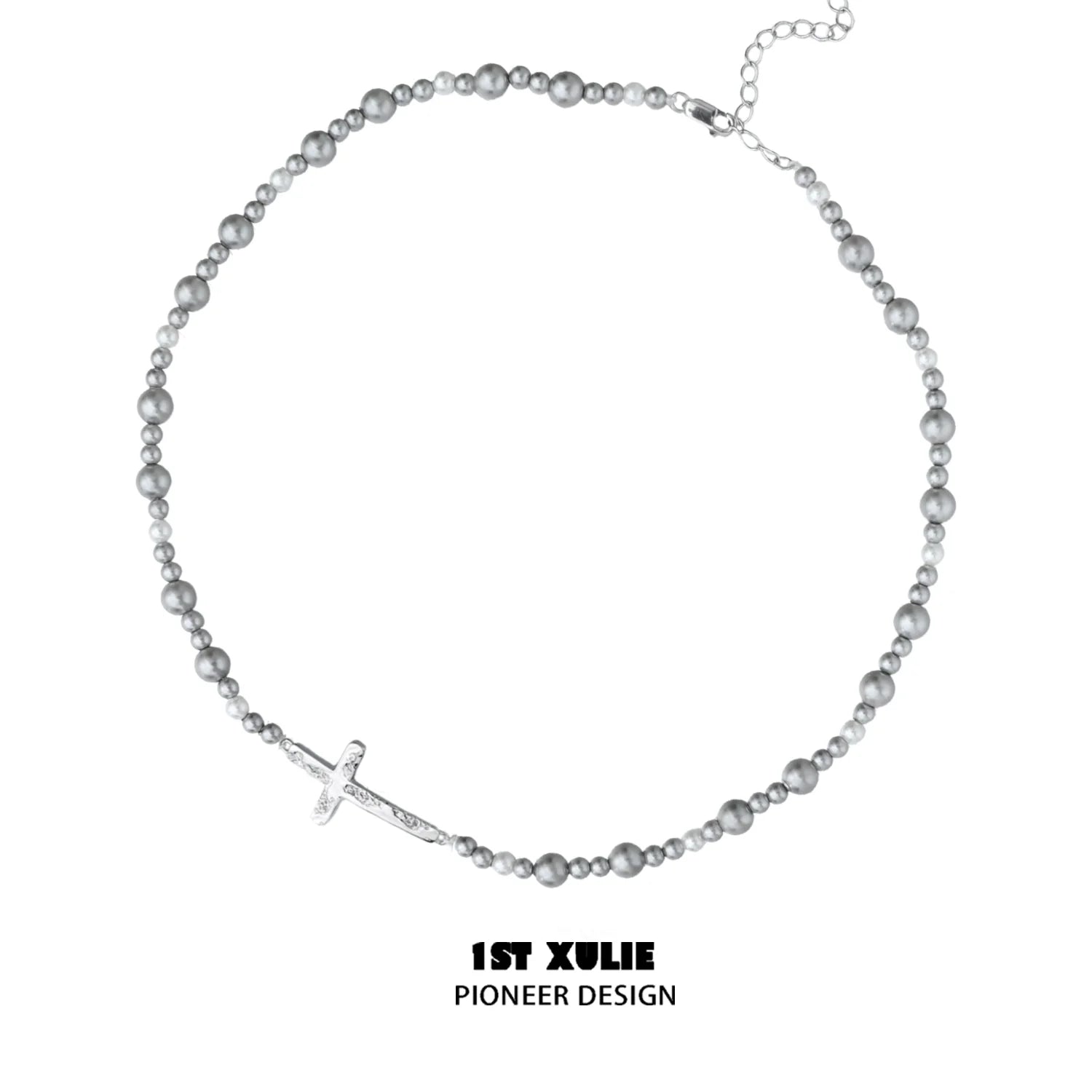 Gray pearl silver double layer necklace with a delicate cross pendant for elegant styling