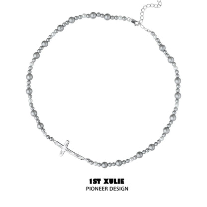 Gray pearl silver double layer necklace with a delicate cross pendant for elegant styling