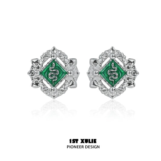 Elegant green serpent ear cuffs featuring intricate silver detailing by 1STXULIE for a unique style