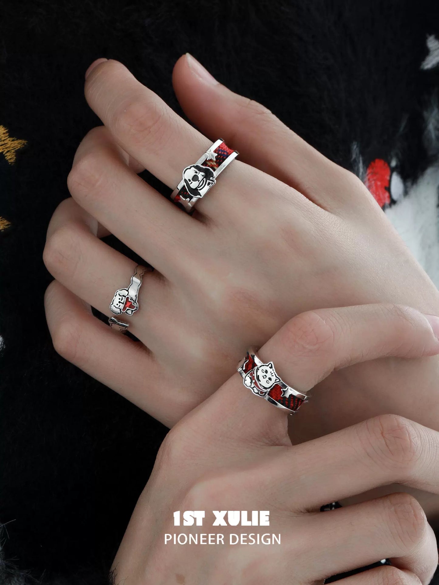 Happy cat dog silver ring with playful design, perfect for pet lovers and whimsical style