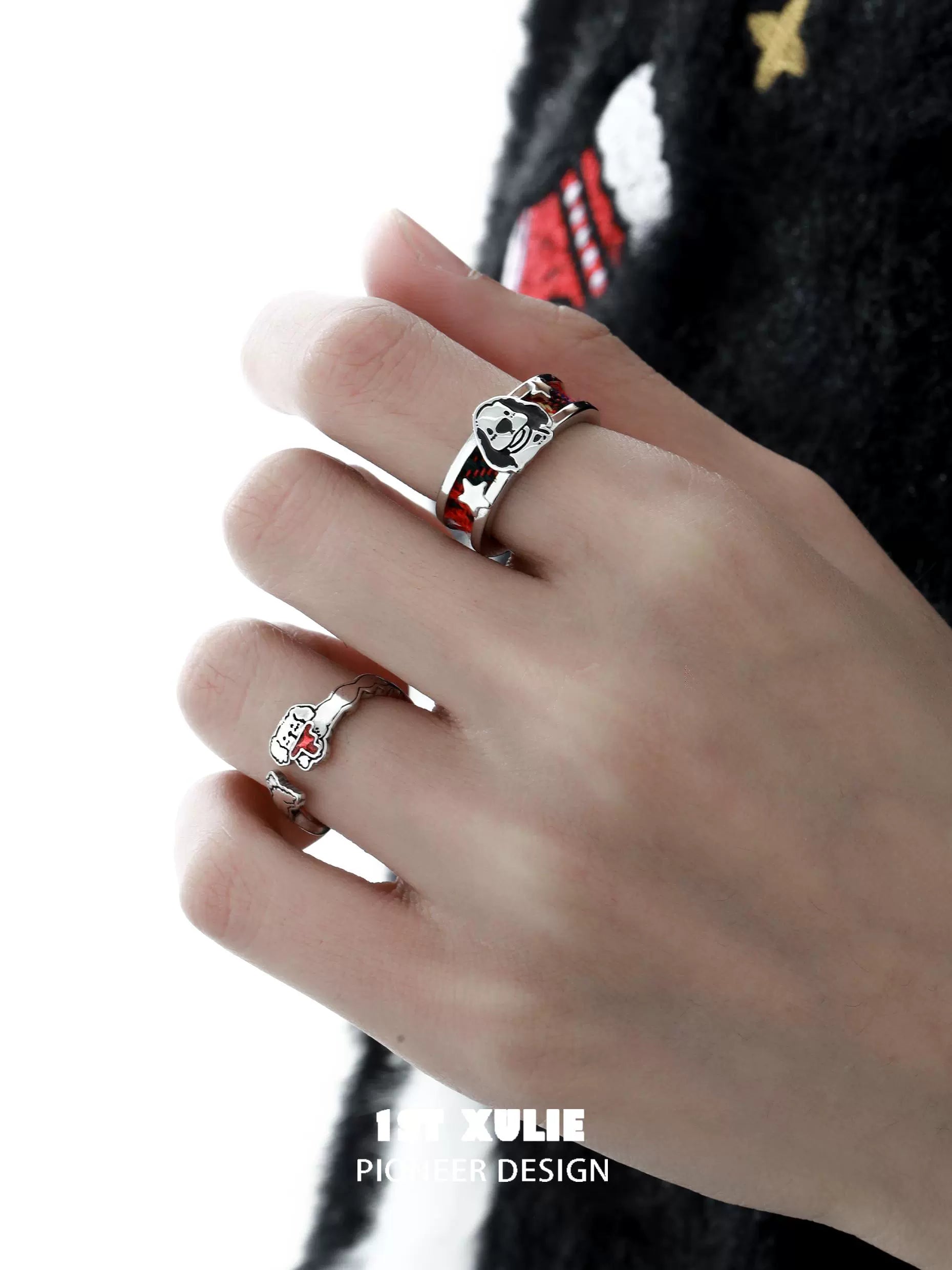 Happy cat dog silver ring on hand, showcasing playful pet design and stylish craftsmanship
