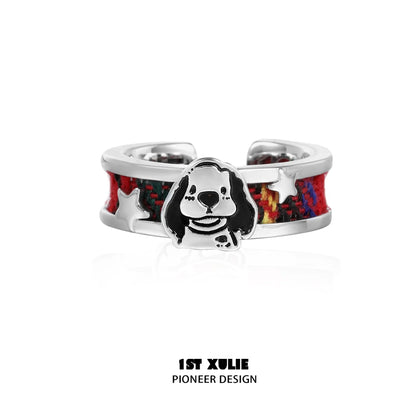 Happy cat dog silver ring with colorful band and dog design, perfect for pet lovers
