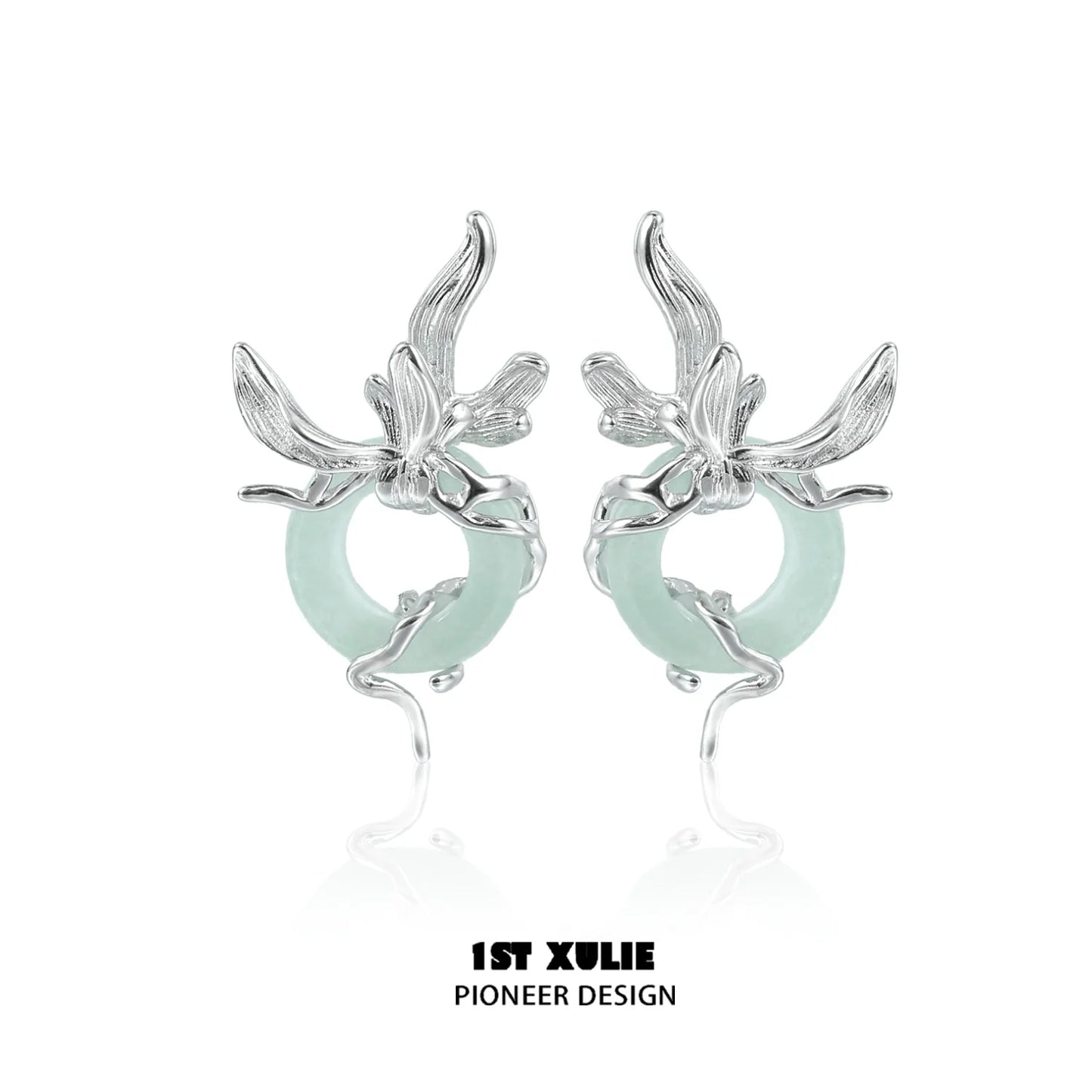 Iris silver stud earrings featuring floral design with a delicate green accent for elegant style