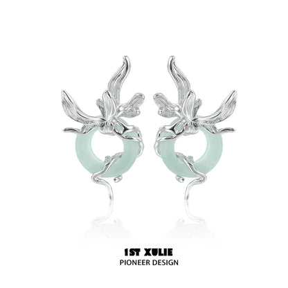 Iris silver stud earrings featuring floral design with a delicate green accent for elegant style