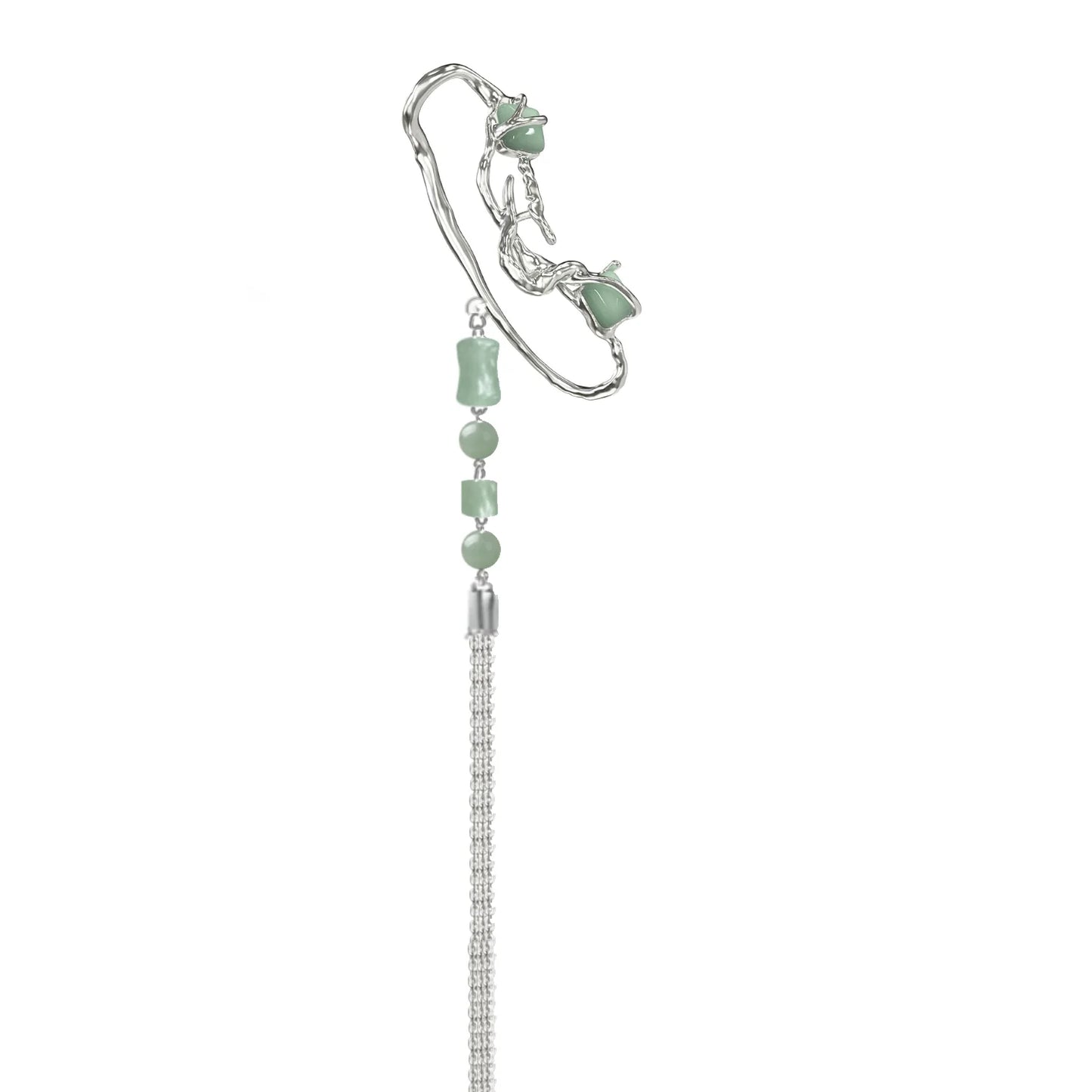 Elegant jade cascade ear clip featuring cascading jade beads and a silver design