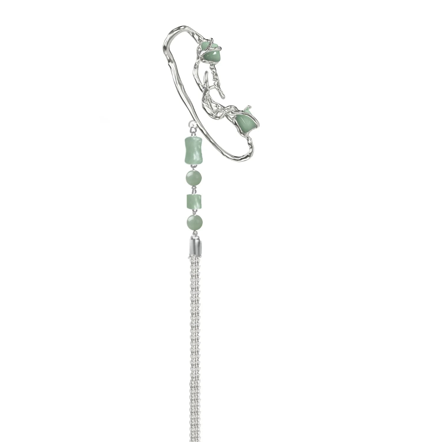 Elegant jade cascade ear clip featuring cascading jade beads and a silver design